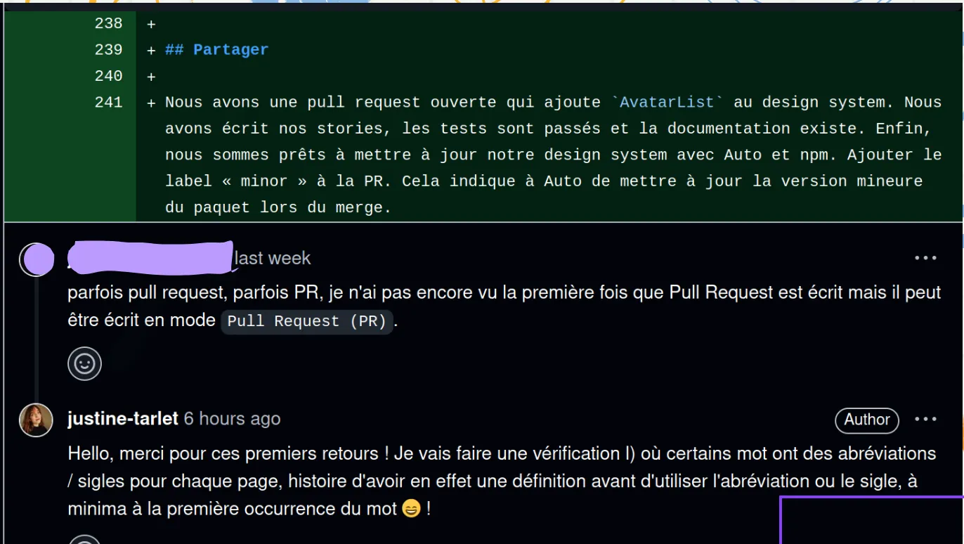 Capture d'écran de commentaires sur une PR Github'