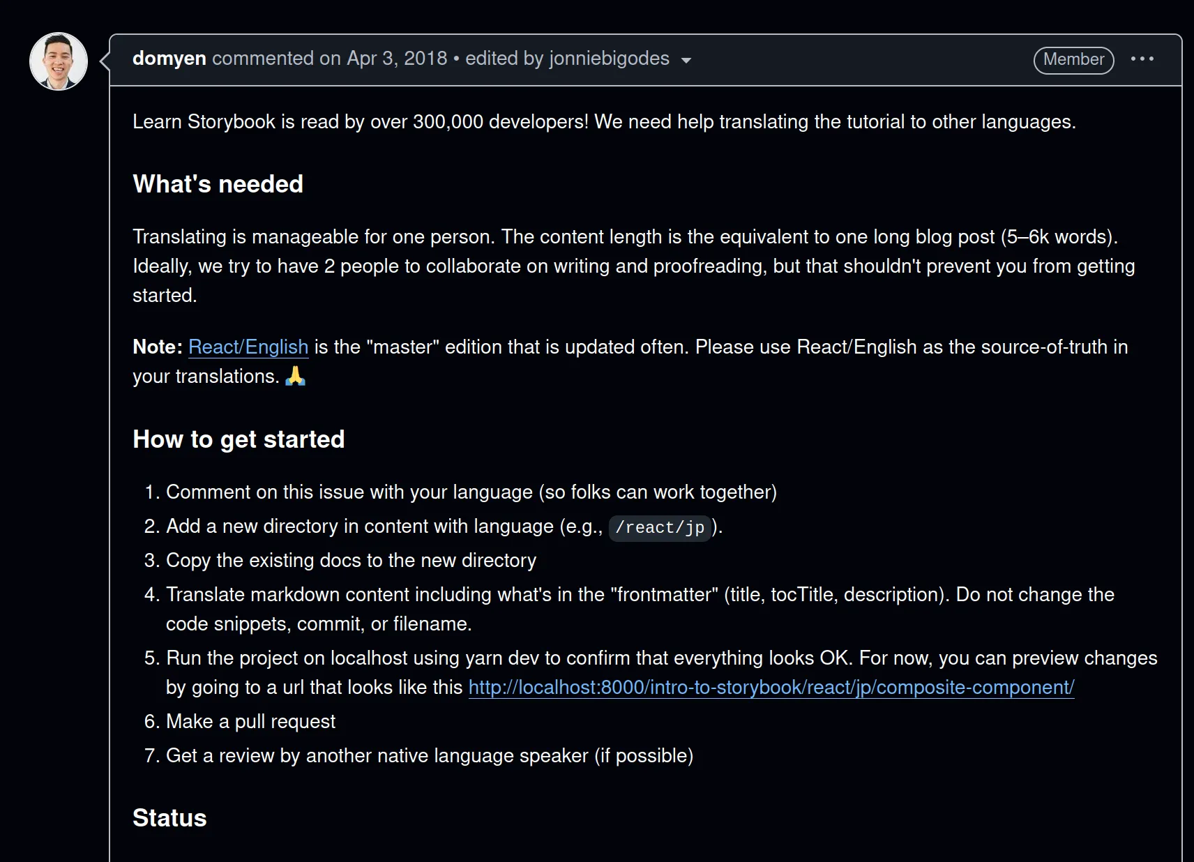 Capture d'écran d'une issue GitHub pour traduire du contenu