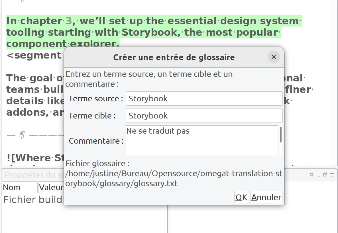Capture d'écran du logiciel OmegaT et les règles de traduction