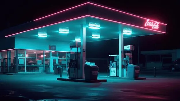 Photo d'une station service dans la nuit