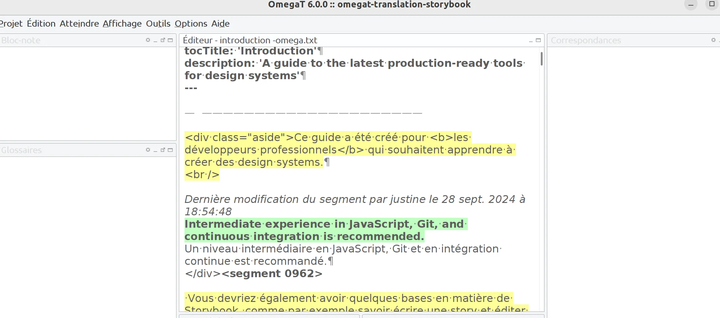 Capture d'écran du logiciel OmegaT et processus de traduction 