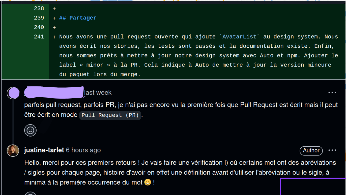 Capture d&#39;écran de commentaires sur une PR Github&#39;