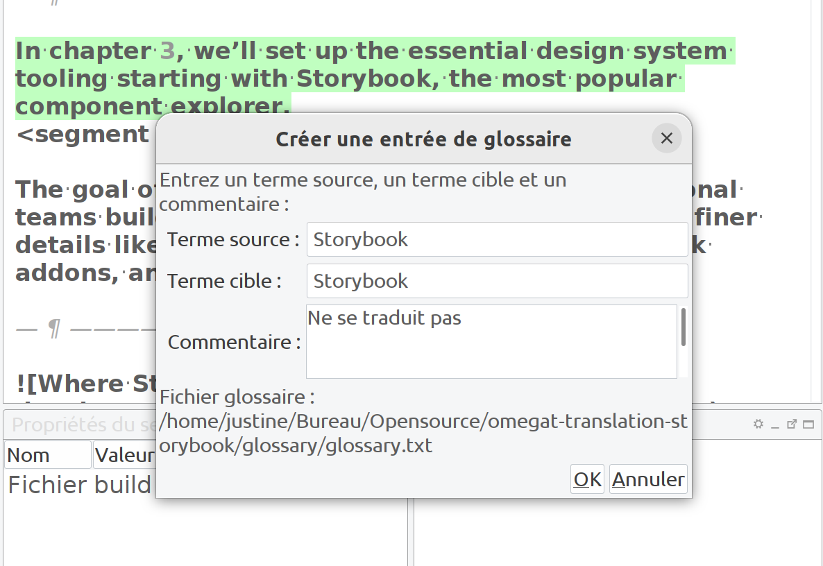 Capture d&#39;écran du logiciel OmegaT et les règles de traduction